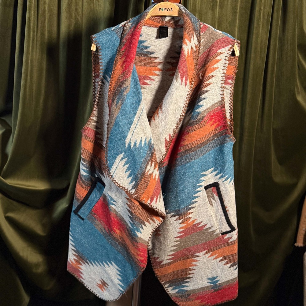 Southwestern Aztec Print Waterfall Vest Boho Western Teal Rust One Size - Picture 4 of 6